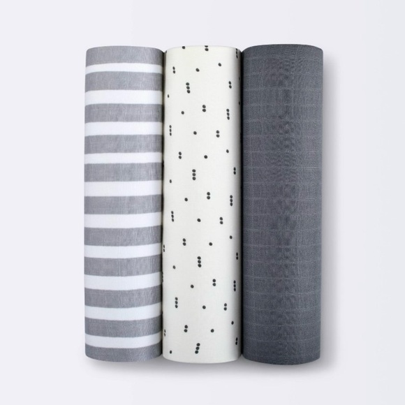 Cloud Island Muslin Swaddle Blanket Boutique 3 Pack - Gray, Stripes, & Dot - Picture 1 of 9